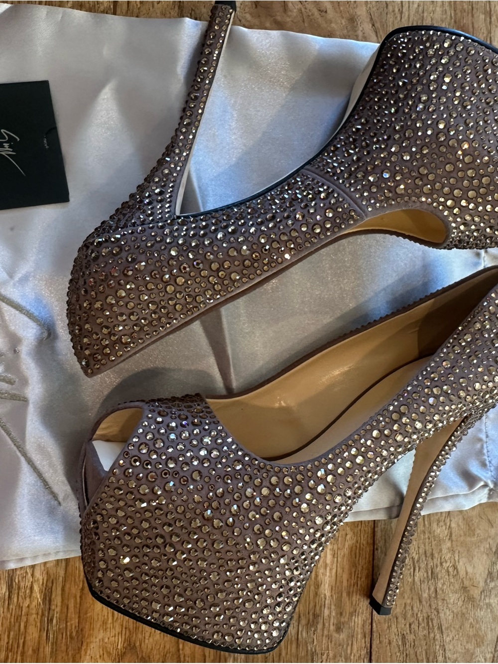 Giuseppe Zanotti”Liza” sand Crystal-Studded Peep-Toe Platform Pumps